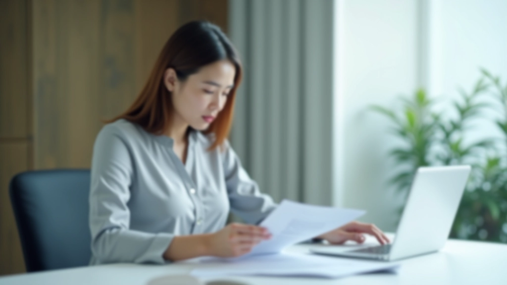 Young professional woman in business casual attire reviewing financial spreadsheet and retirement planning documents on laptop at modern workspace