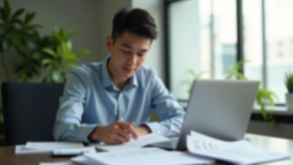 Young professional reviewing financial documents and tax forms at workspace